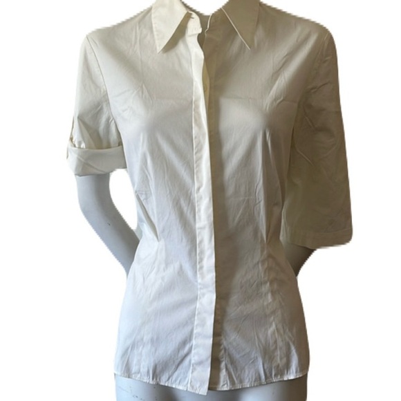 Lafayette 148 Button Down Short Sleeves Waist Tie Back Stretch Size 6 - Picture 1 of 12